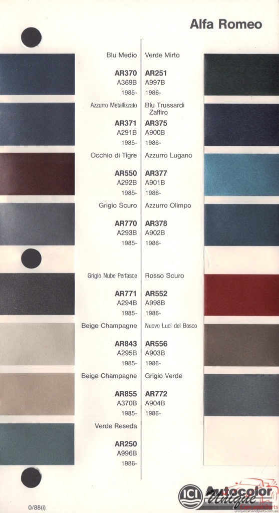 1985-88 Alfa-Romeo Autocolor Paint Charts